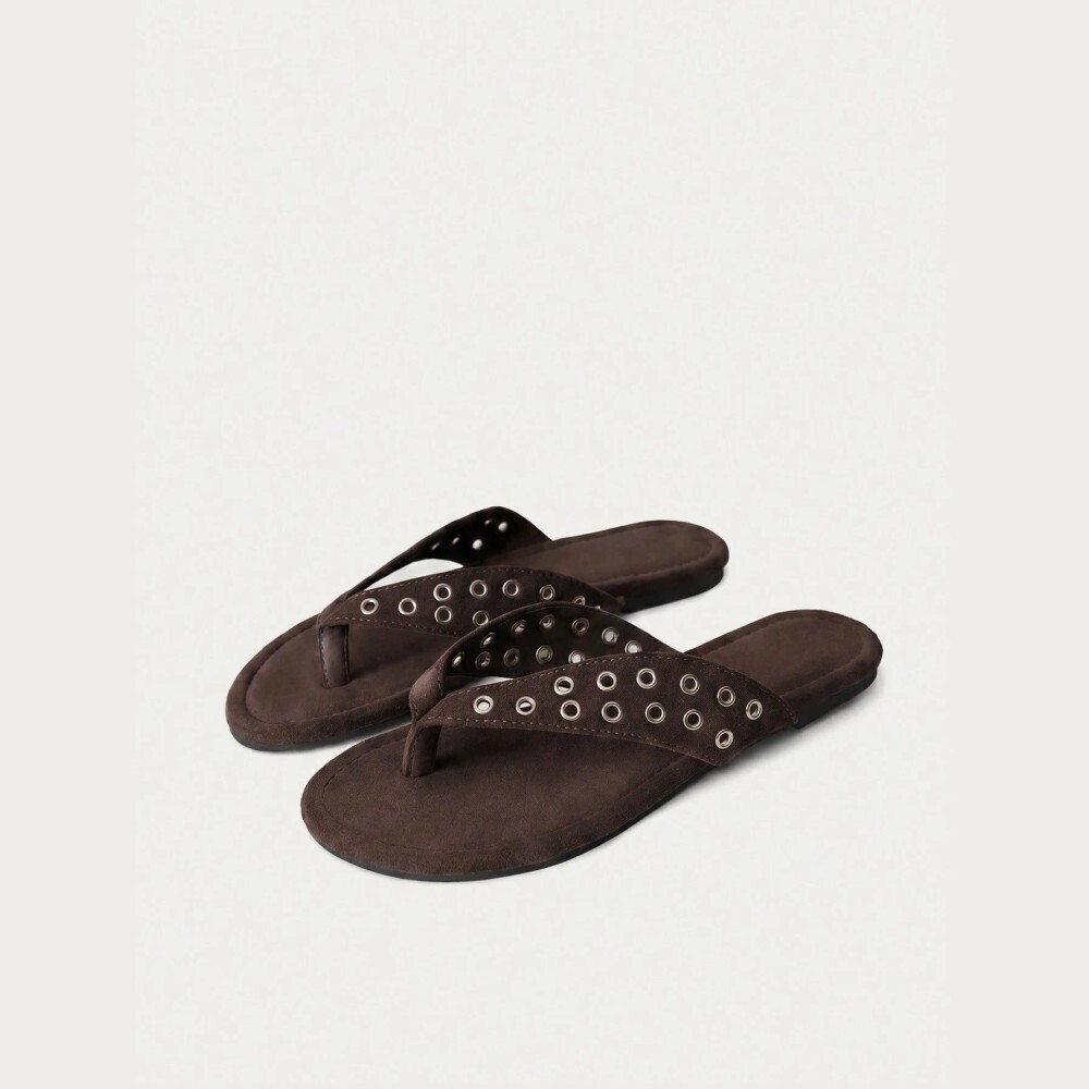 Beige Eyelet Trim Thong Sandals Cushioned Footbed Flat Toe Post
